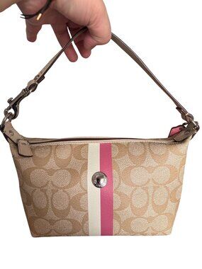 Coach Legacy Beige Canvas Signature Stripe Top Handle Bag Accent Stripe Logo